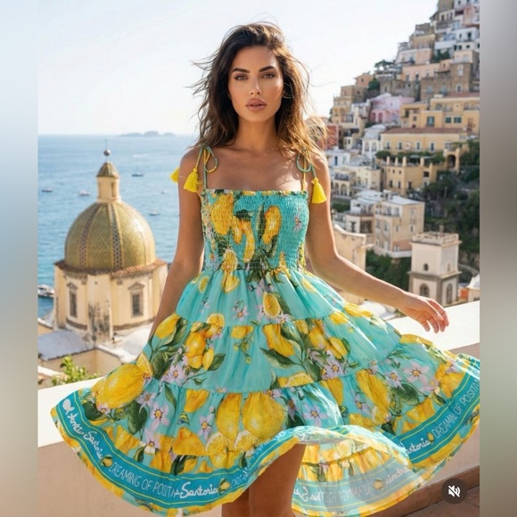 JUST LANDED ANTICA SARTORIA 2026 STUNNING COLLECTION SMOCKED TOP AQUA LEMON DRES - Picture 1 of 1